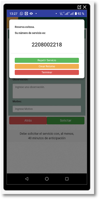 Confirmación del servicio y opción de retorno