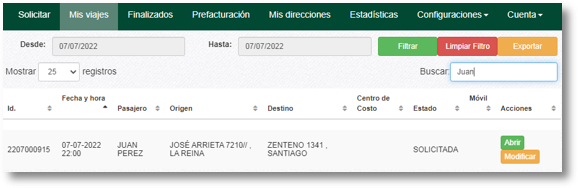 Listado de servicios en Mis Viajes