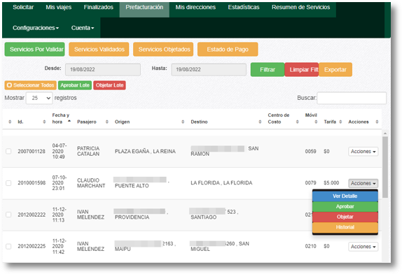 Revisión y aprobación de servicios en Prefacturación