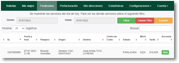 Listado de servicios finalizados